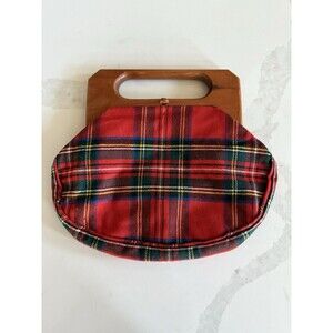 Vintage 70s Bermuda Bag Plaid Tartan Wool Red Yellow White Green Wood Handles
